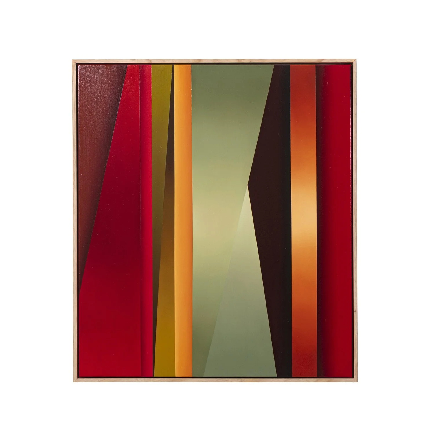 Abstract colorful painting with vertical geometric shapes in red, green, yellow, and black, framed in wood.