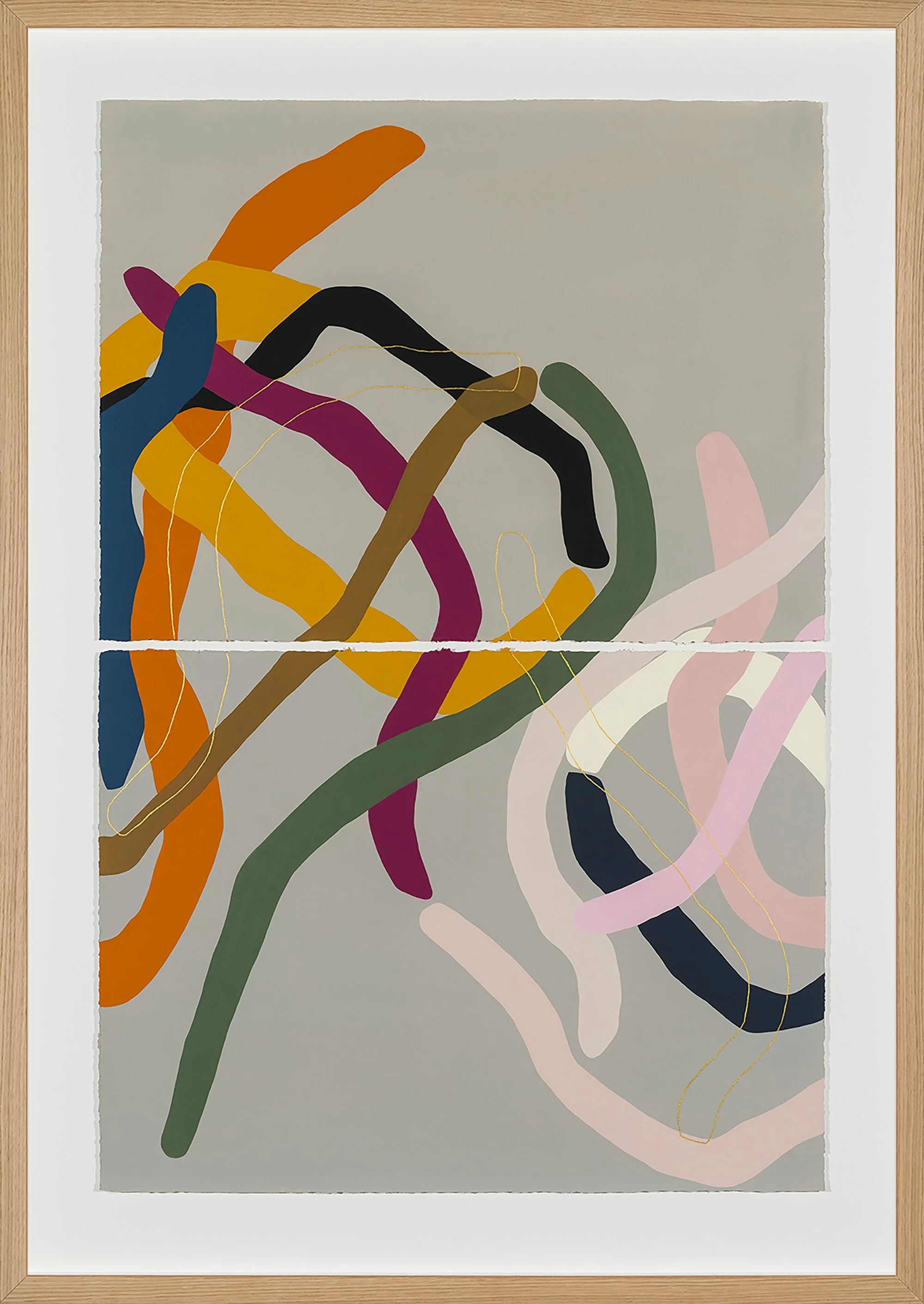 Abstract painting with colorful, curving lines on a gray background, framed in wood.