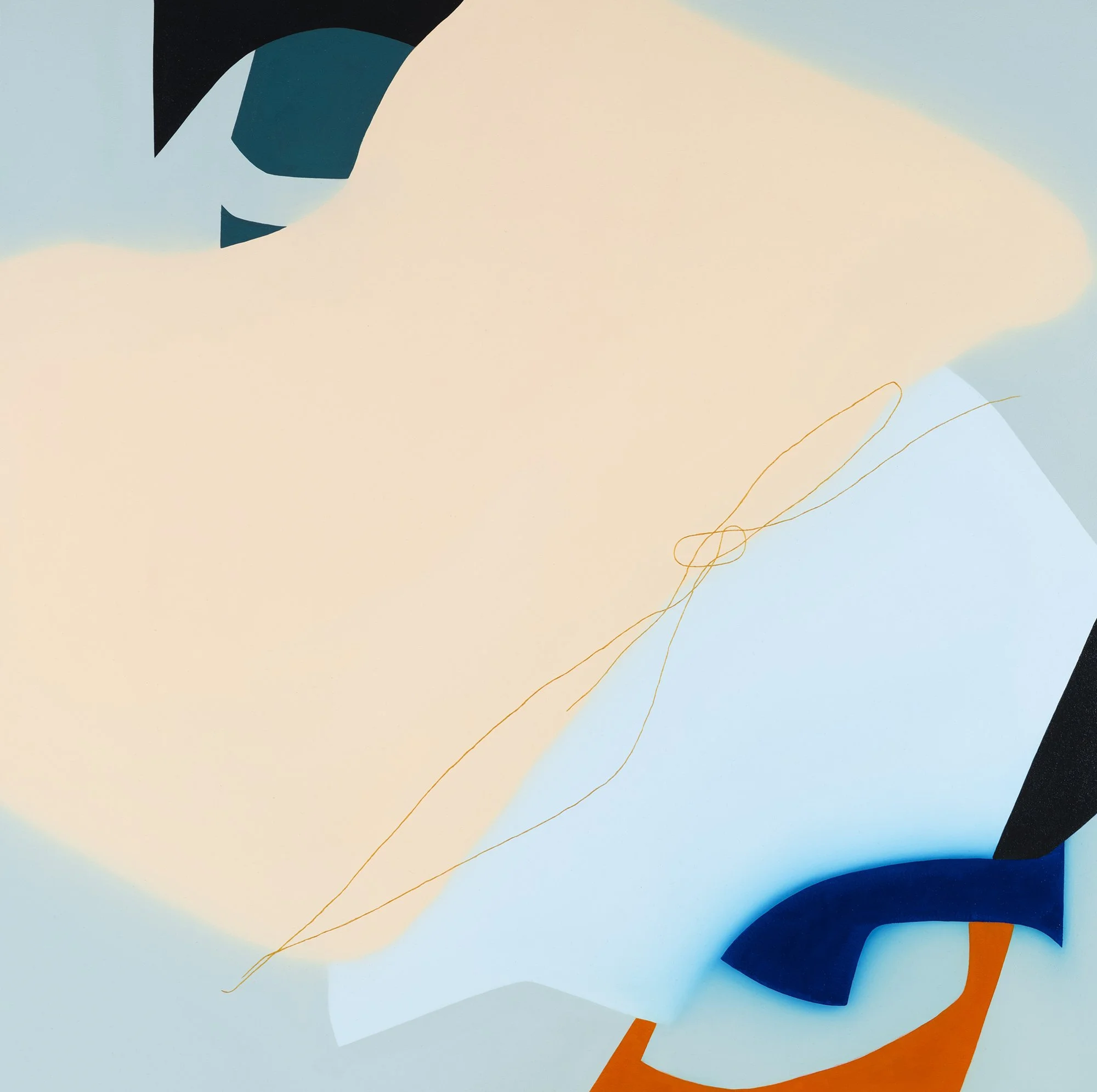 Abstract artwork with large cream shape, blue and black elements, orange accents, and fine gold lines.