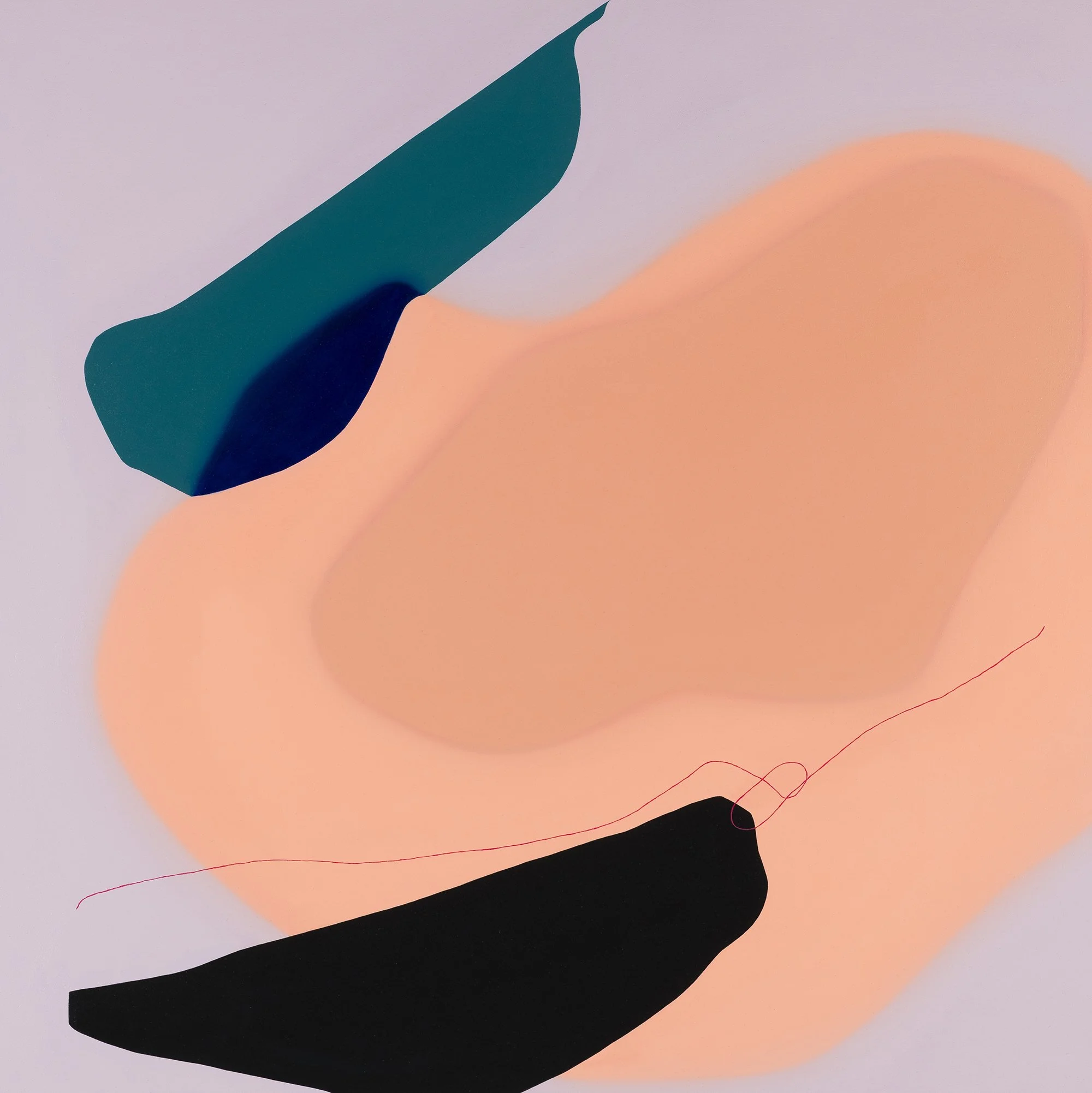 Abstract digital artwork with amorphous peach-colored shape, dark blue and black shapes, and a thin red line.