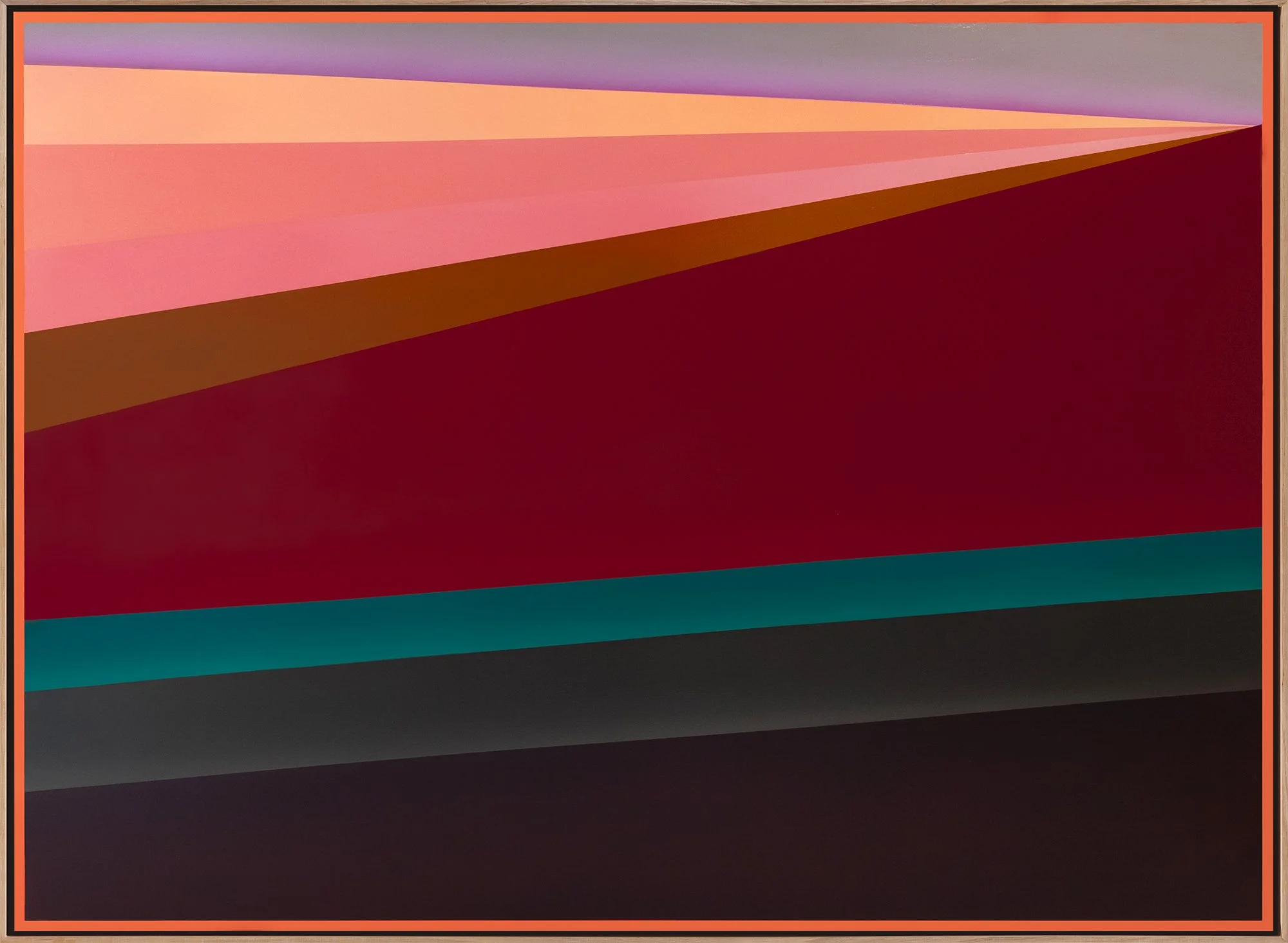 Abstract digital artwork with multi-colored horizontal and diagonal bands in shades of purple, pink, orange, red, teal, black, and gray.
