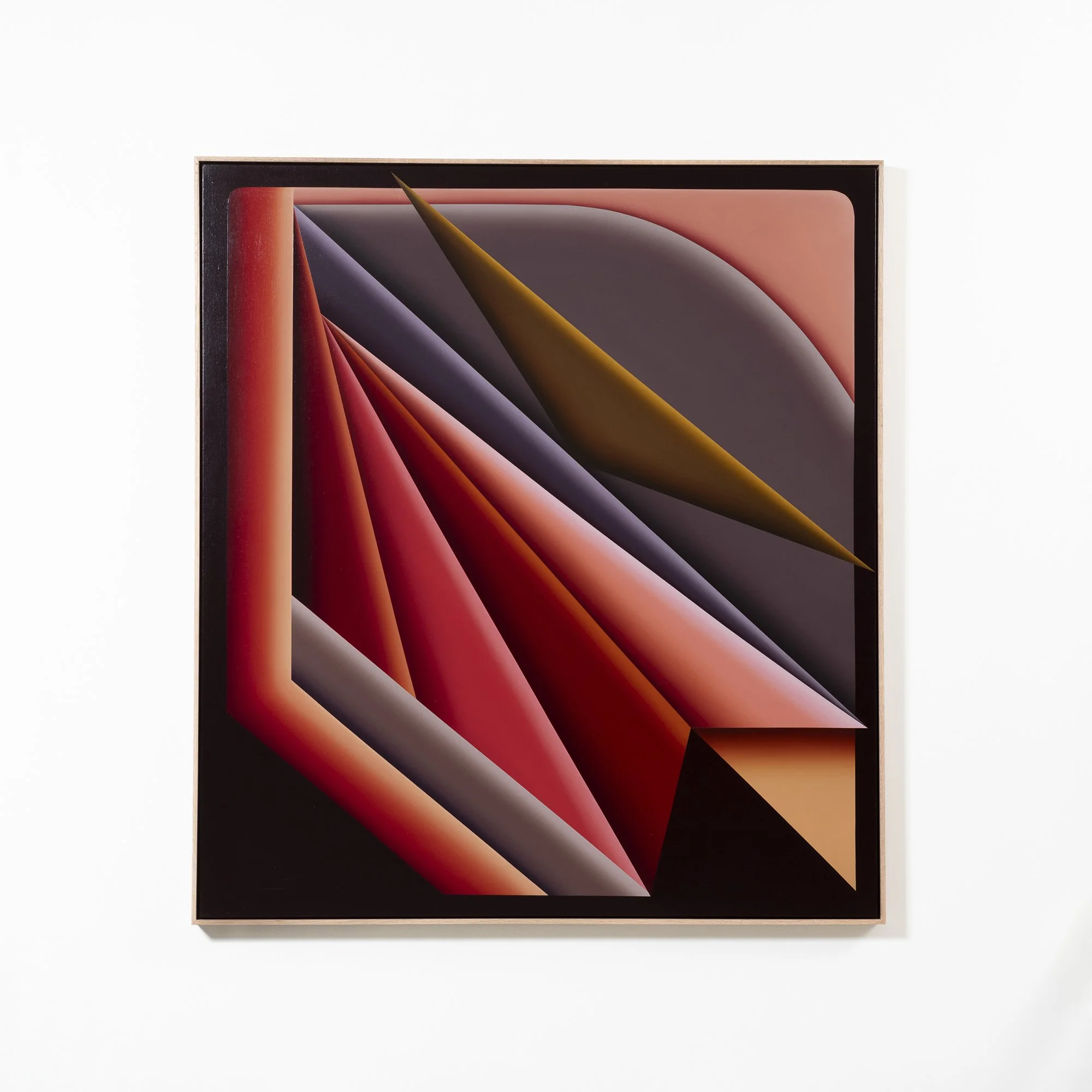Abstract geometric artwork with curved shapes in shades of red, pink, purple, black, and gold framed in a wooden frame