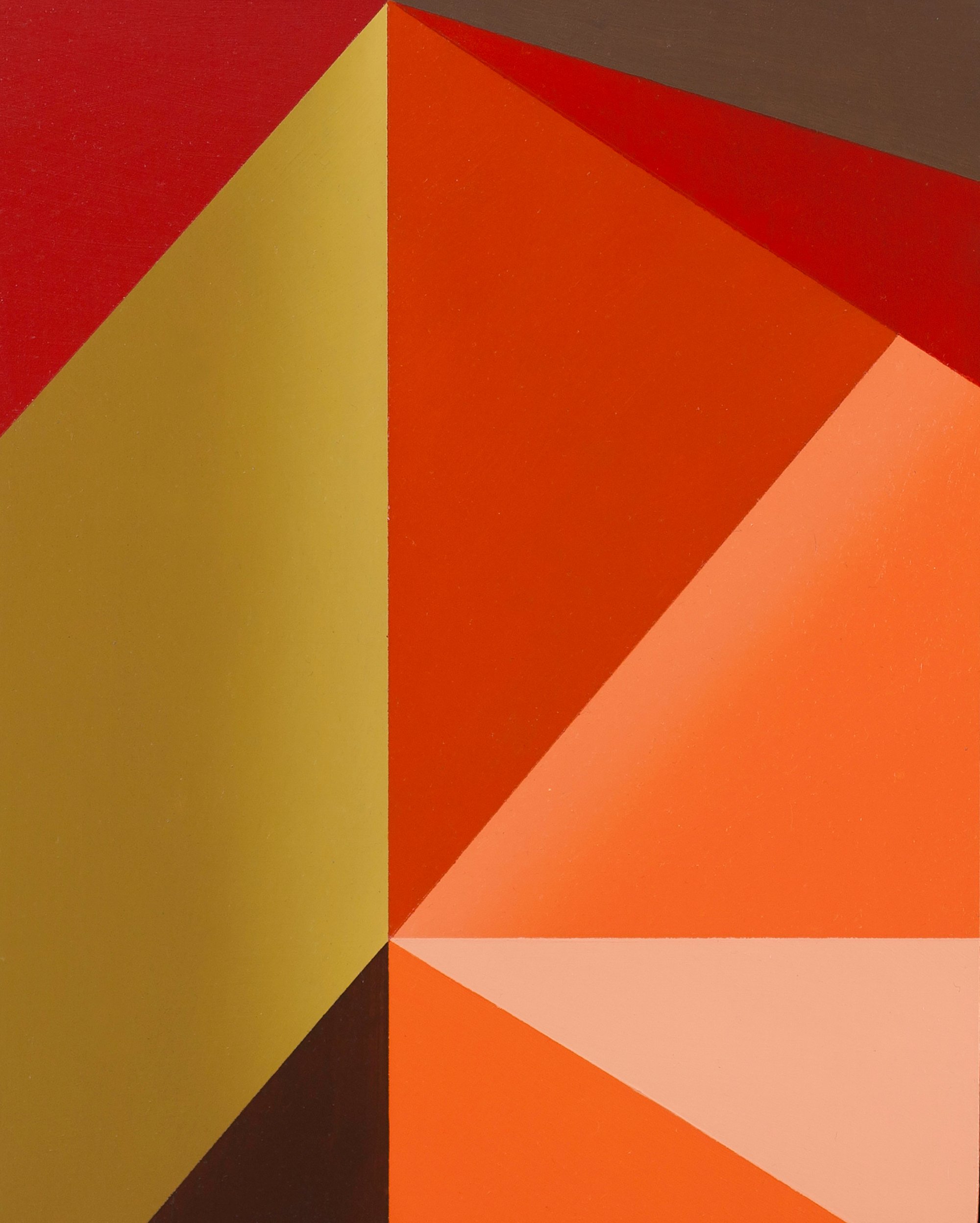 Abstract geometric painting with large shapes in red, orange, yellow, pink, black, and gray