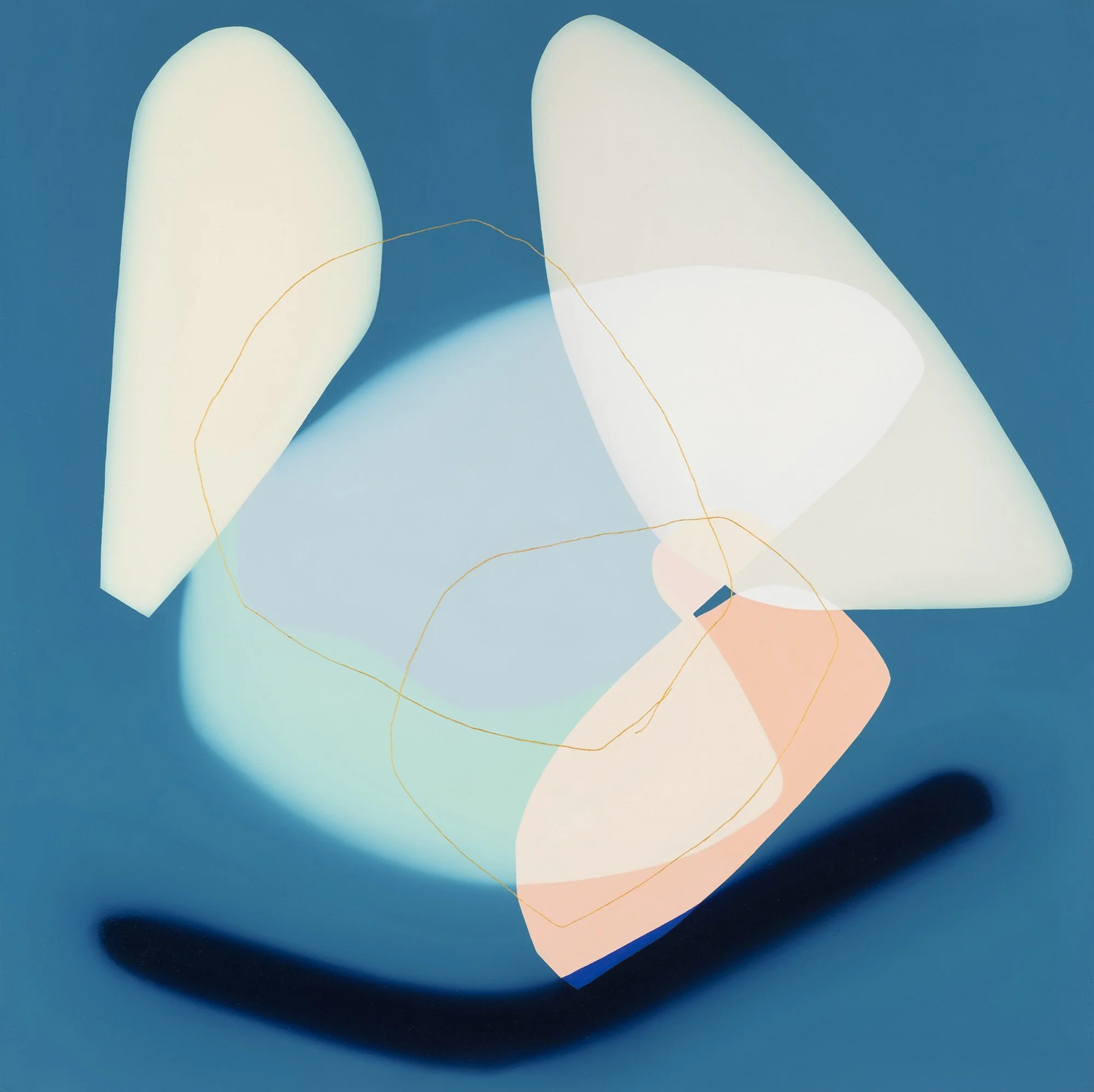 Abstract digital artwork with overlapping shapes in pastel colors on a dark teal background.