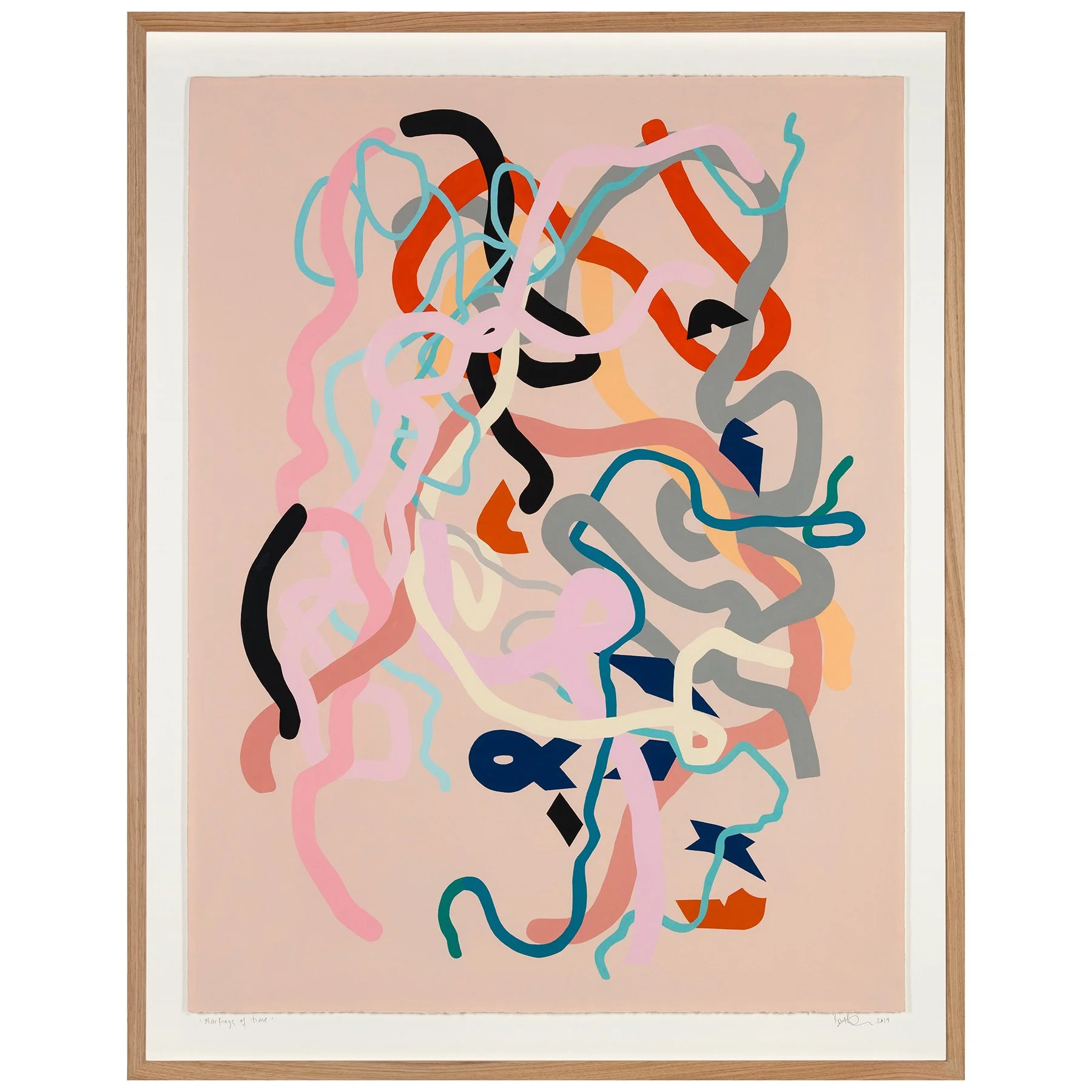 Abstract colorful scribbles and lines on a pink background framed in wood.