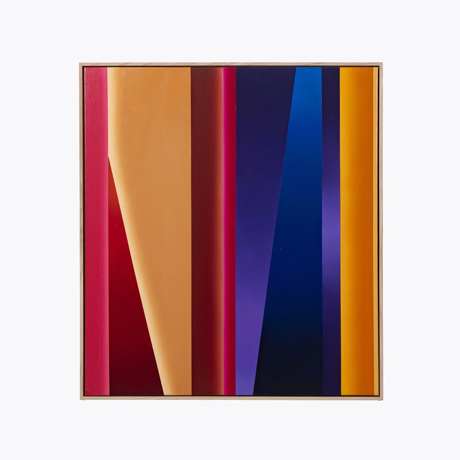 Colorful abstract artwork with vertical stripes in red, orange, pink, yellow, dark blue, and purple within a wooden frame.