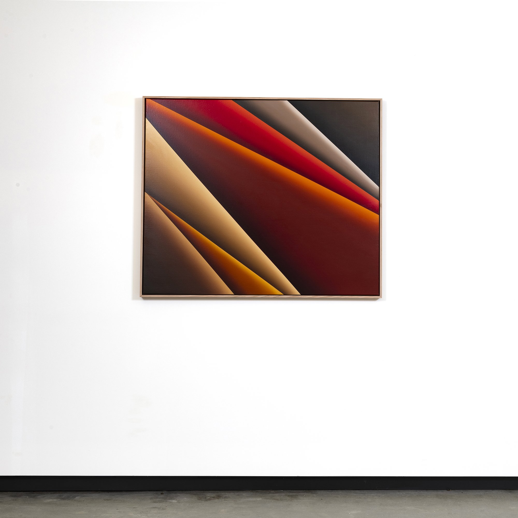 Abstract modern geometric art with curved lines and warm gradient colors, framed and displayed on a white gallery wall.