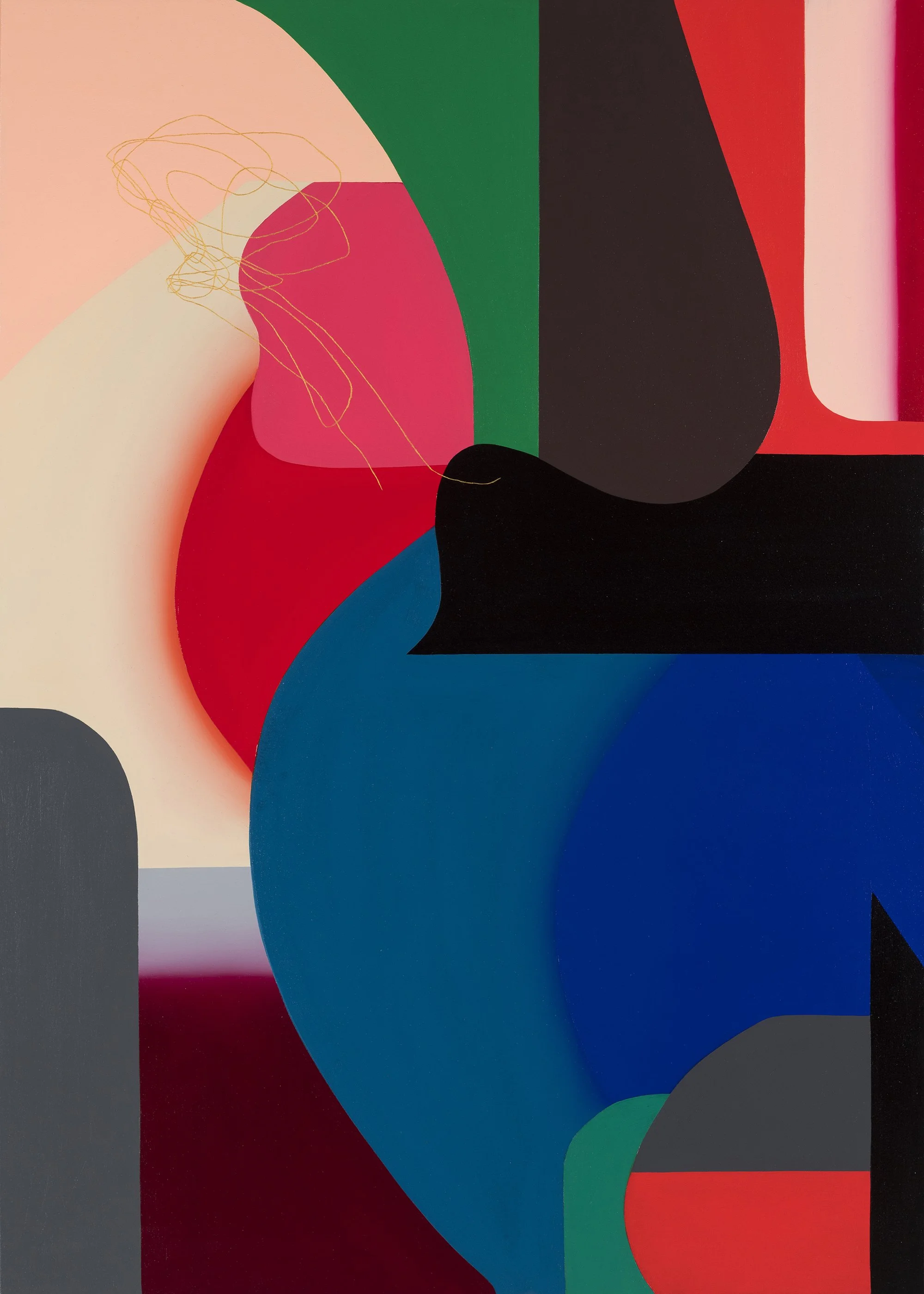 Abstract modern art with colorful geometric shapes and overlapping forms in black, green, pink, red, blue, and gray.