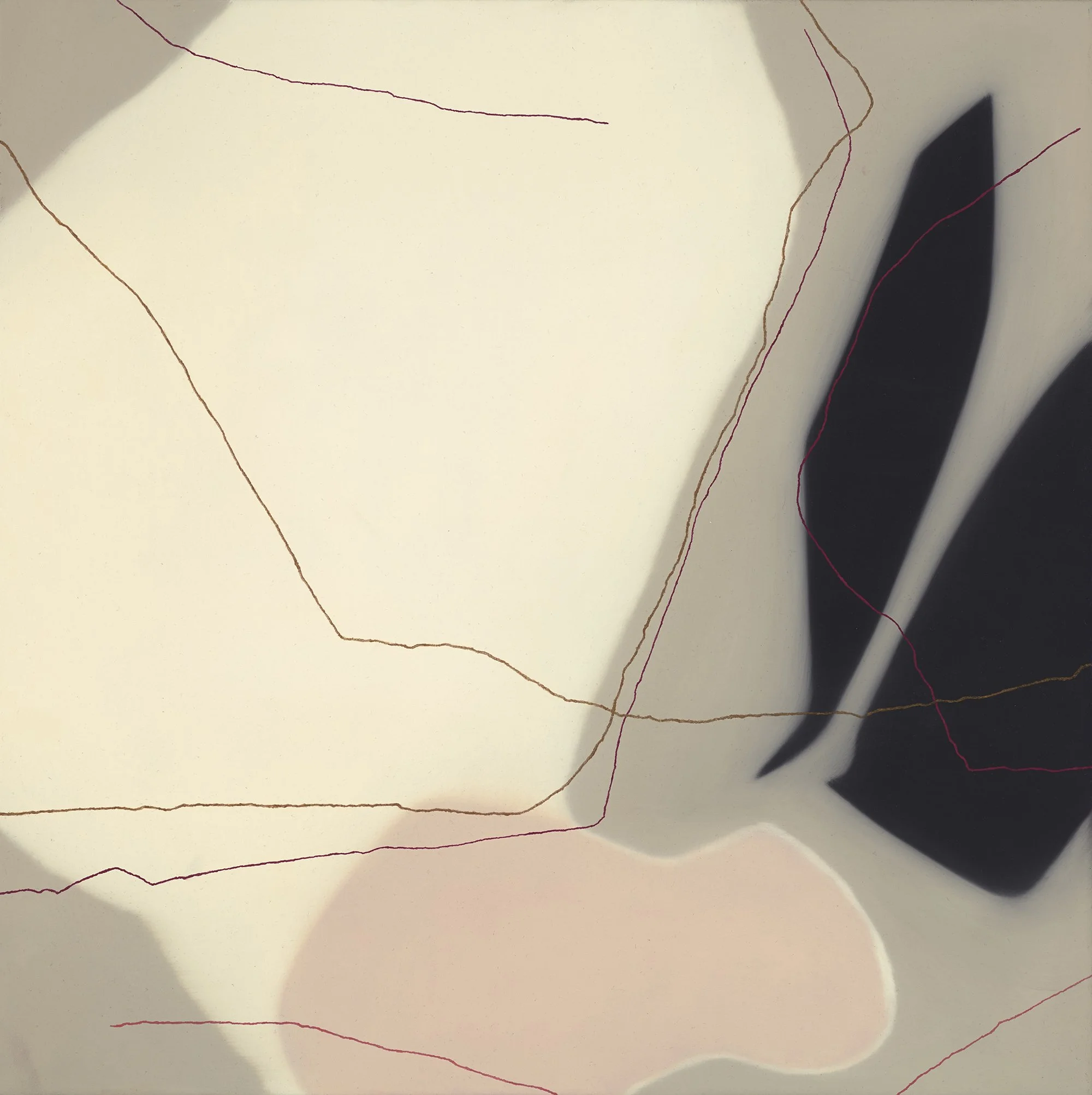 Abstract art with soft pastel colors, black shapes, and thin red, pink, and orange lines.