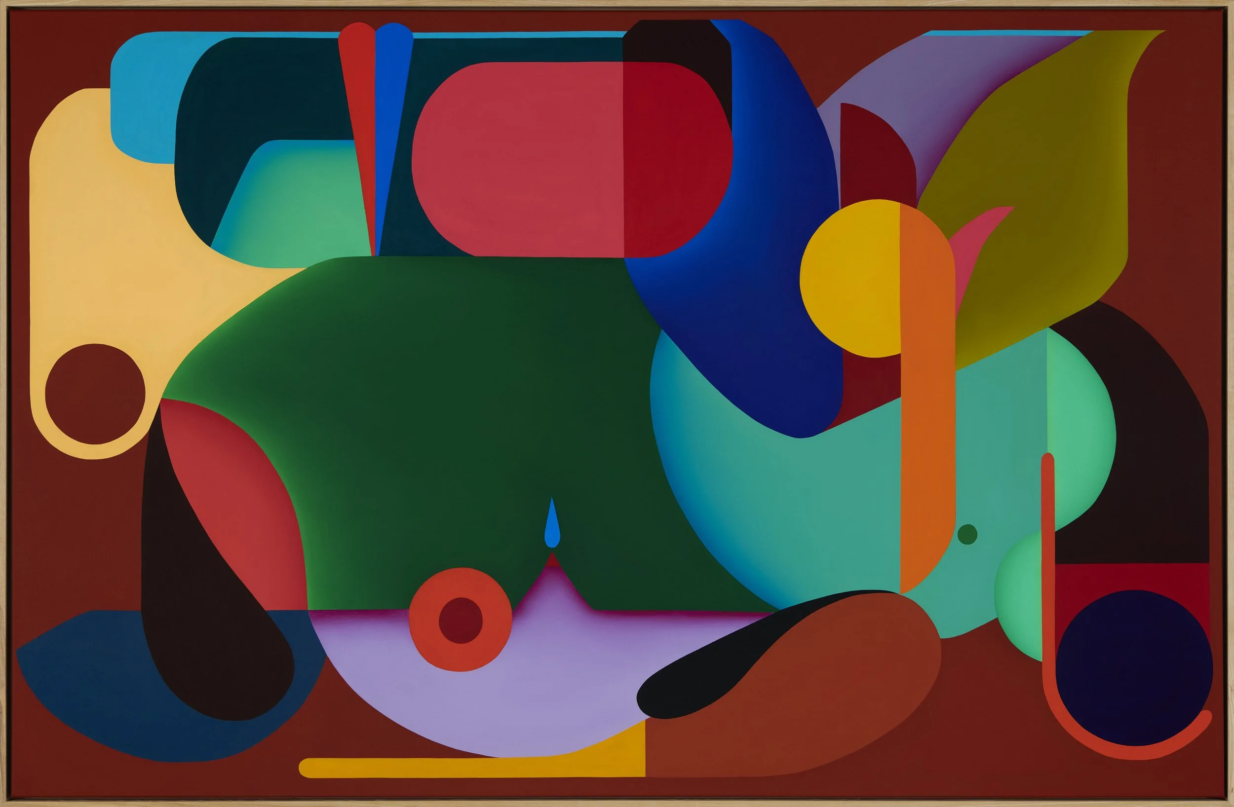 Abstract colorful geometric shapes and forms in a modern art style, with various spheres, curves, and lines in red, blue, green, yellow, purple, and black.