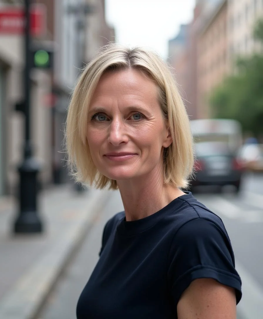 A woman with short blonde hair and blue eyes standing on a city street, wearing a black T-shirt.