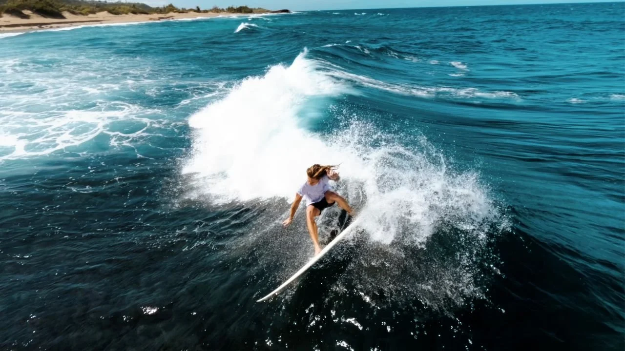 Drone footage of a man surfing on a wave in the ocean near a sandy shoreline.