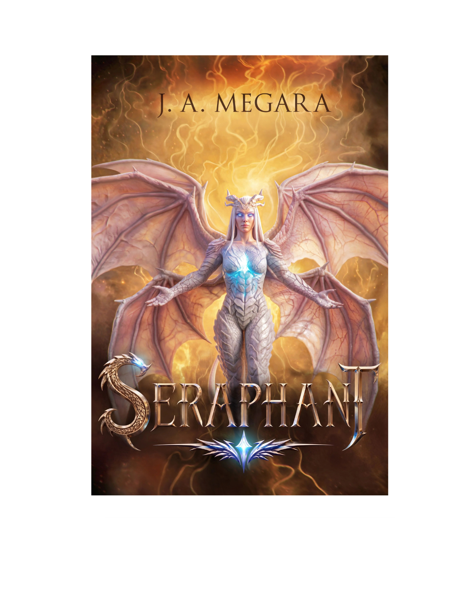 Human drawn fantasy artwork of a female dragon character with 6 large wings, glowing blue eyes, and horns, standing against the golden background of the cosmos with the title 'Seraphant' displayed at the bottom.
