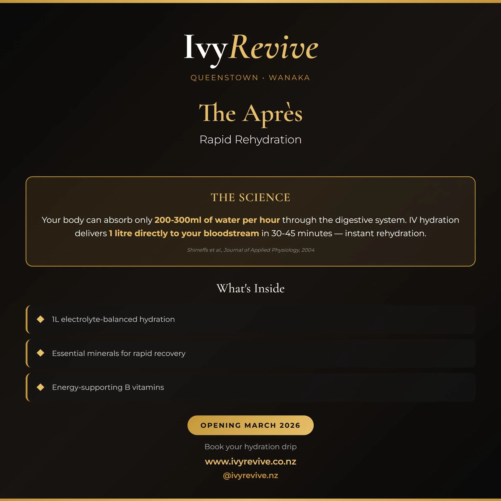 The ultimate recovery drip 🥂

The Apr&egrave;s delivers rapid rehydration &mdash; 1 litre of electrolyte-balanced hydration straight to your bloodstream.

The science: Your body can only absorb 200-300ml of water per hour through digestion. IV hydra