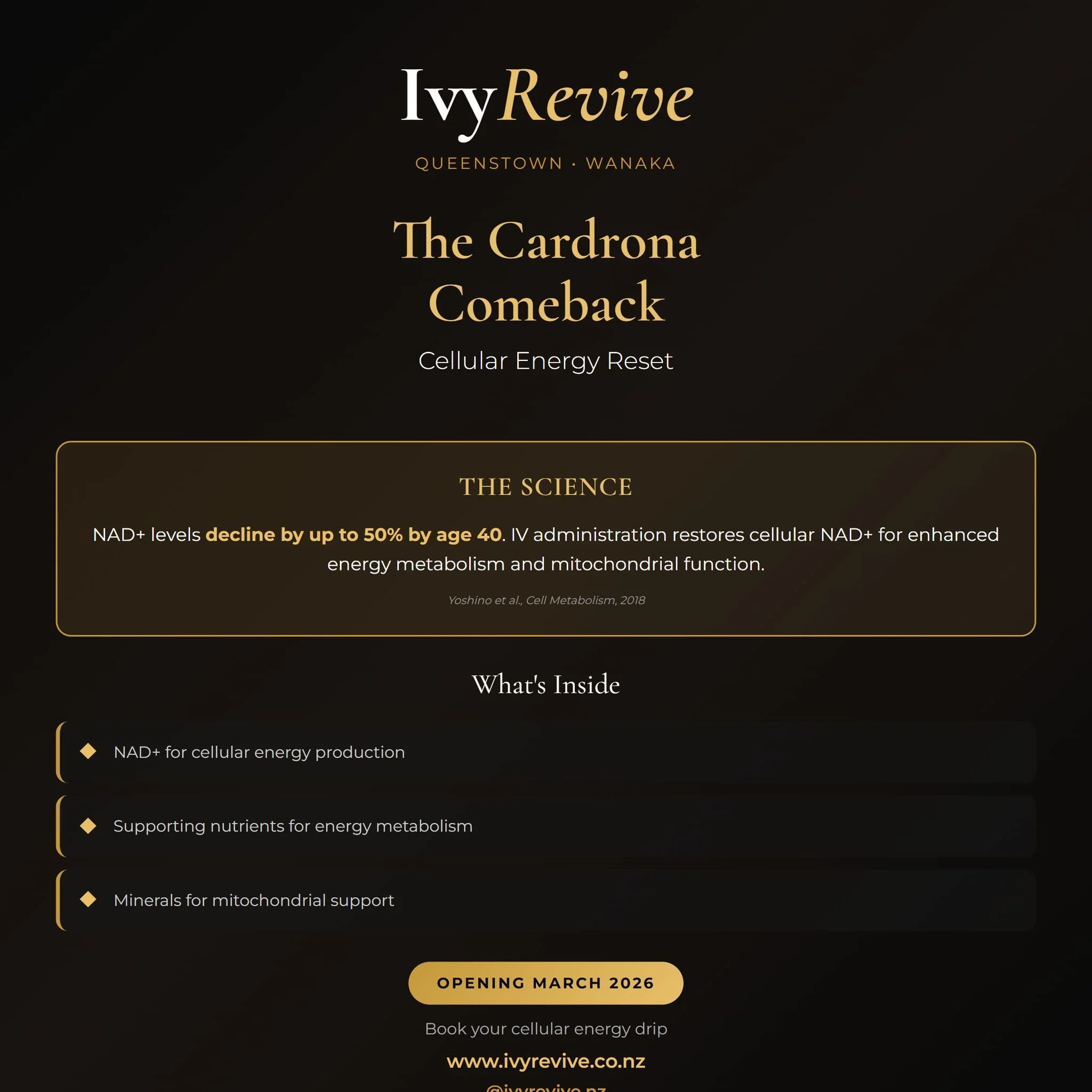 Reset at the cellular level ⚡

The Cardrona Comeback delivers NAD+ the molecule your mitochondria need for energy production.

The science: NAD+ levels decline by up to 50% by age 40. IV administration restores cellular NAD+ for enhanced energy metab