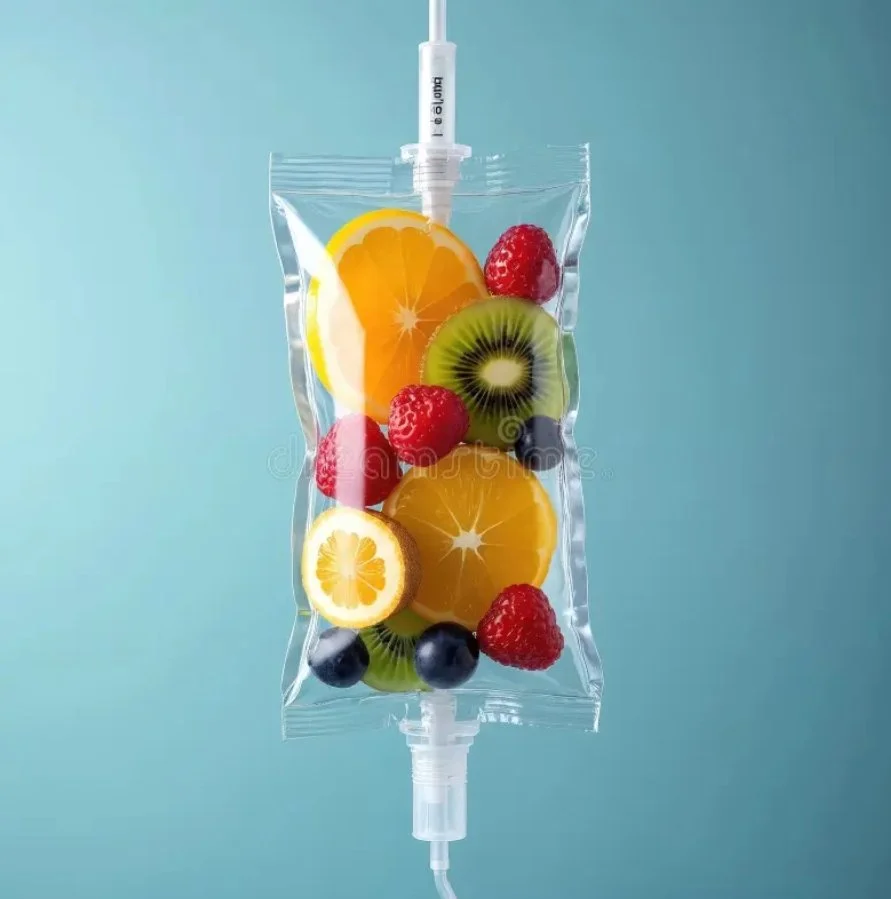 Packet of mixed sliced fruits including orange, lemon, kiwi, blueberry, raspberry, and strawberry with an IV tube attached.