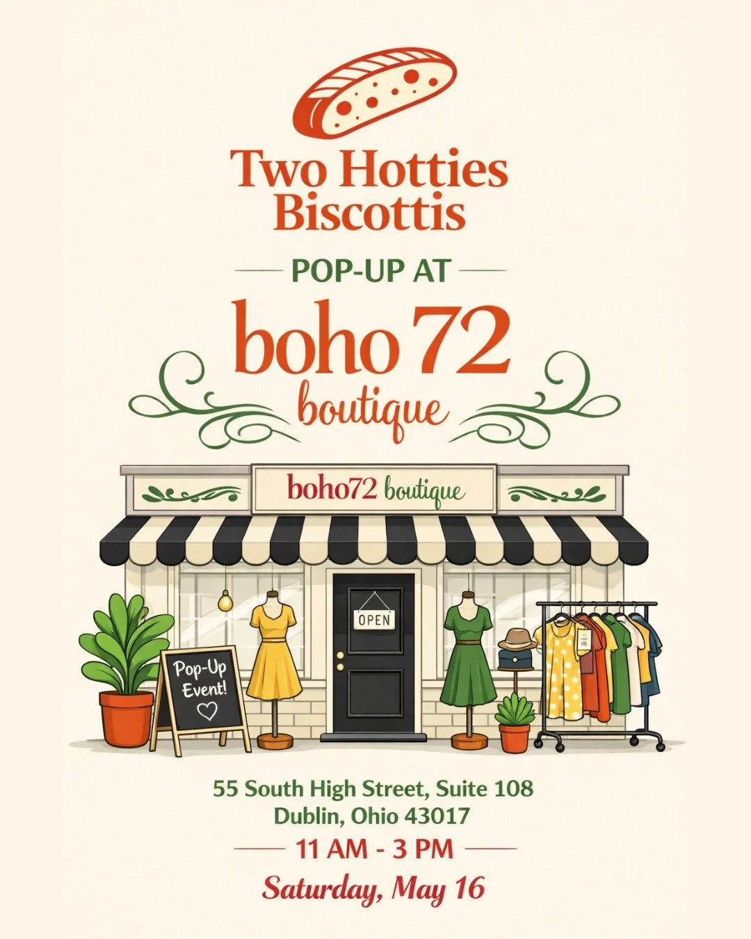 Pop-up Alert! The biscotti babes are bringing their favorite flavors to Boho 72 on Saturday, May 16th from 11-3pm. 

Come shop the spring collection and snag your favorite biscotti.

We can't wait to meet you!