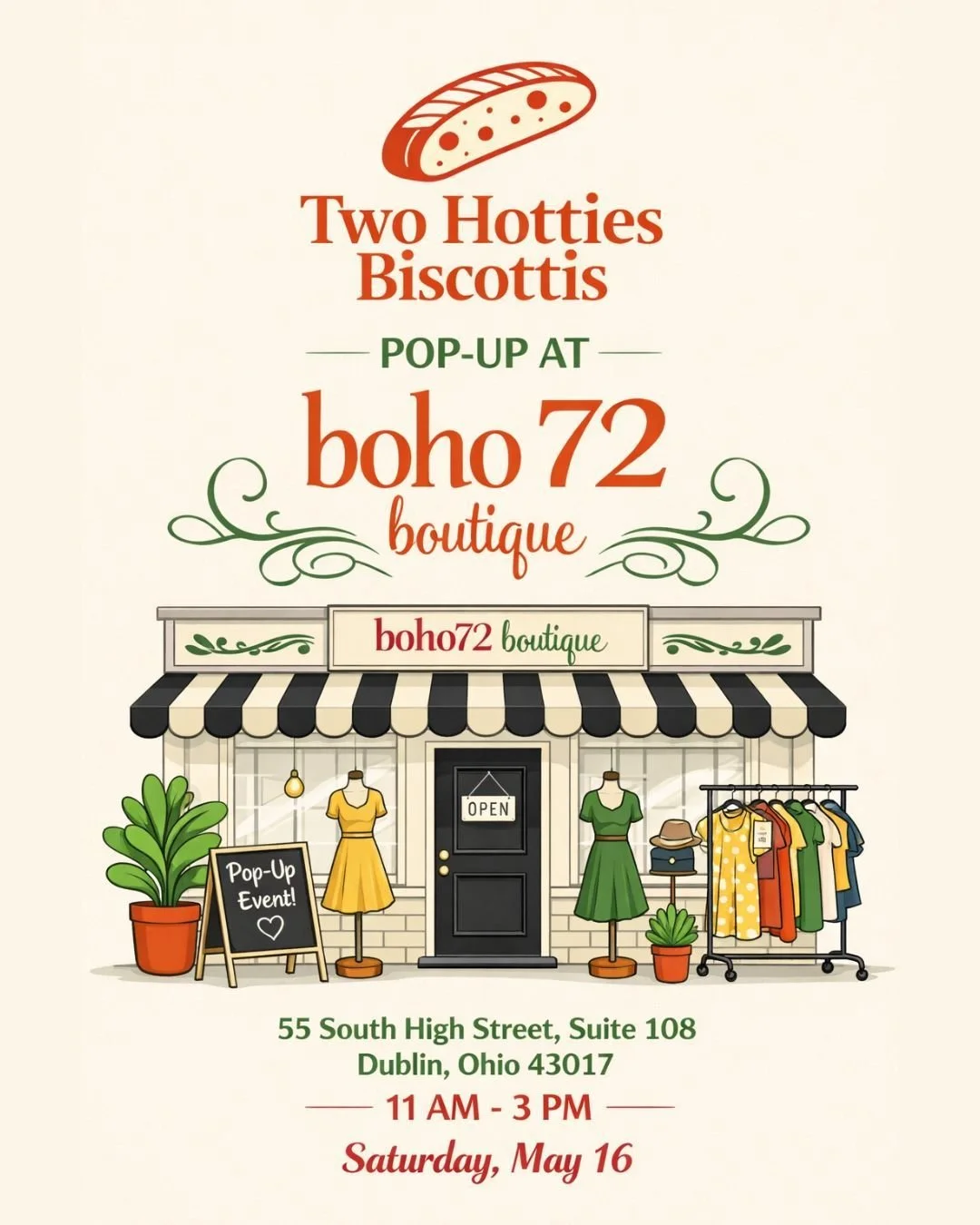 Countdown is on! 4 days till we pop-up at Boho 72. See ya Saturday! #boho72 #twohottiesbiscottis #biscotti #boutique