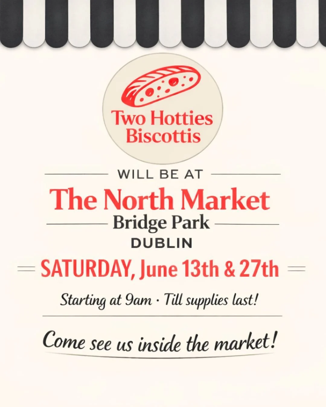 We're popping up inside The North Market Bridge Park in Dublin on Saturday, June 13th &amp; 27th! Come see us! Your coffee will thank us! #twohottiesbiscottis #bridgeparkdublin #northmarketbridgepark #biscotti