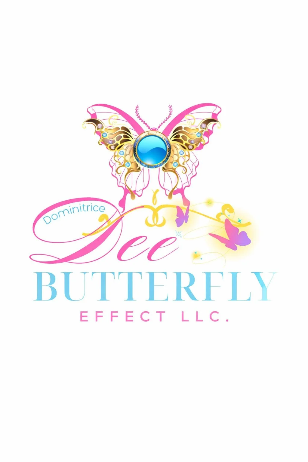 Logo for Dee Butterfly Effect LLC featuring a pink and gold butterfly with a blue gemstone in the center, and pink and purple butterflies with yellow accents, with the words "Dee Butterfly Effect LLC" in pink, blue, and light blue text.