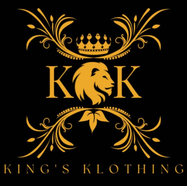 Logo for King's Klothing featuring a gold lion's head with a crown above, decorative gold flourish designs, and the words "KING'S KLOTHING" at the bottom.