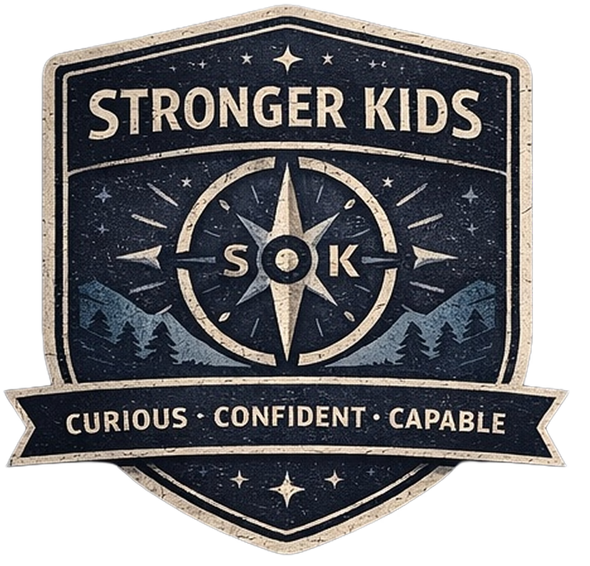 A badge or logo with a mountain and star design featuring the text "Stronger Kids" and words "Curious, Confident, Capable" on a banner.