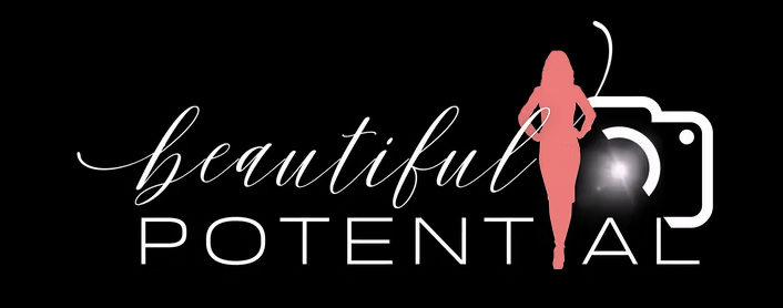 A logo with the words 'beautiful' in cursive and 'POTENTIAL' in uppercase, featuring a female silhouette and a camera icon on a black background.