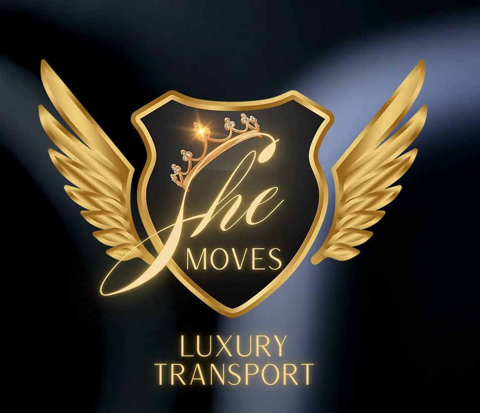 Gold crest with wings, a crown with diamonds, and the text 'she MOVES' in cursive, along with 'LUXURY TRANSPORT' written below.
