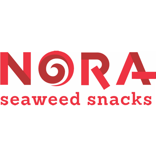 Logo for Nora Seaweed Snacks with the brand name in large red letters and 'seaweed snacks' written below in smaller red font.