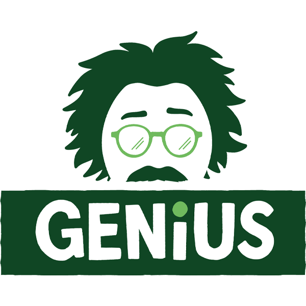 Logo with a cartoon face featuring glasses and wild hair above a green banner with the word "GENIUS" in bold white letters.