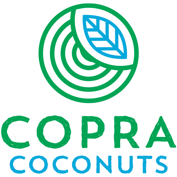 Logo for Copra Coconuts featuring a circular icon with a leaf inside and the text 'COPRA COCONUTS' below.