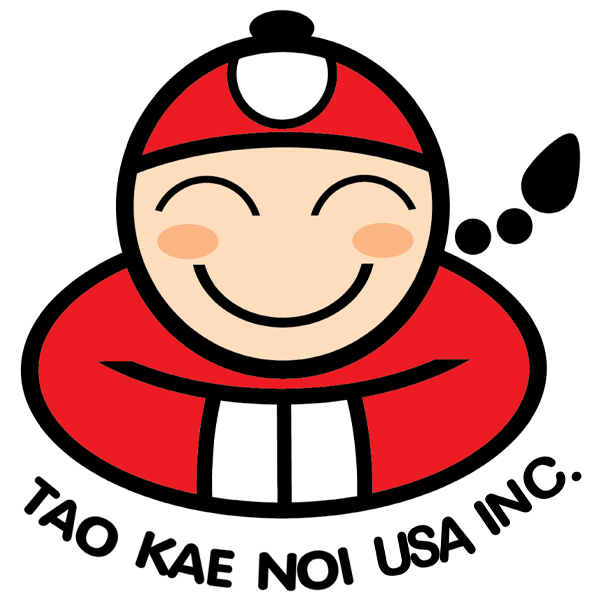 Cartoon character of a smiling person wearing a red hooded jacket with a white scarf, with small blush marks on cheeks, and text reading 'TAO KAE NOI USA INC' at the bottom.