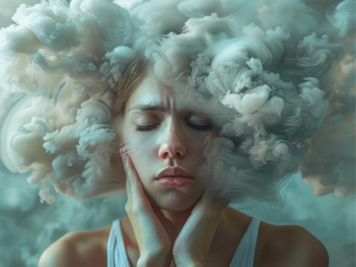 Abstract illustration of a woman surrounded by clouds, representing catatonia and altered mental states associated with bipolar disorder.