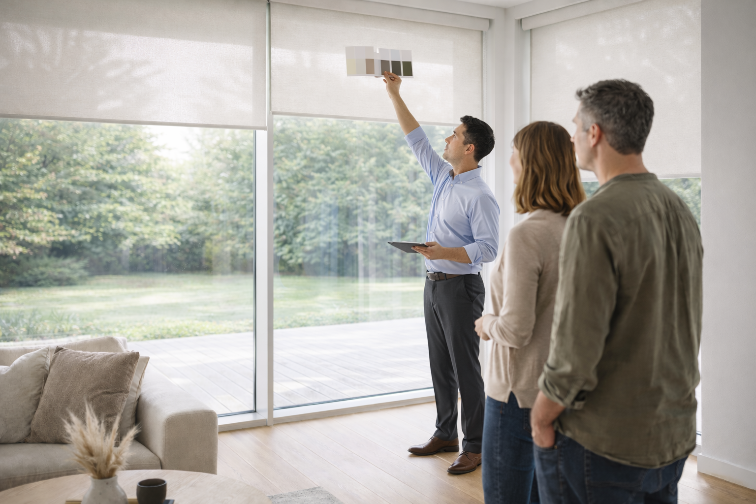 Designer presenting window covering options to clients during in-home consultation