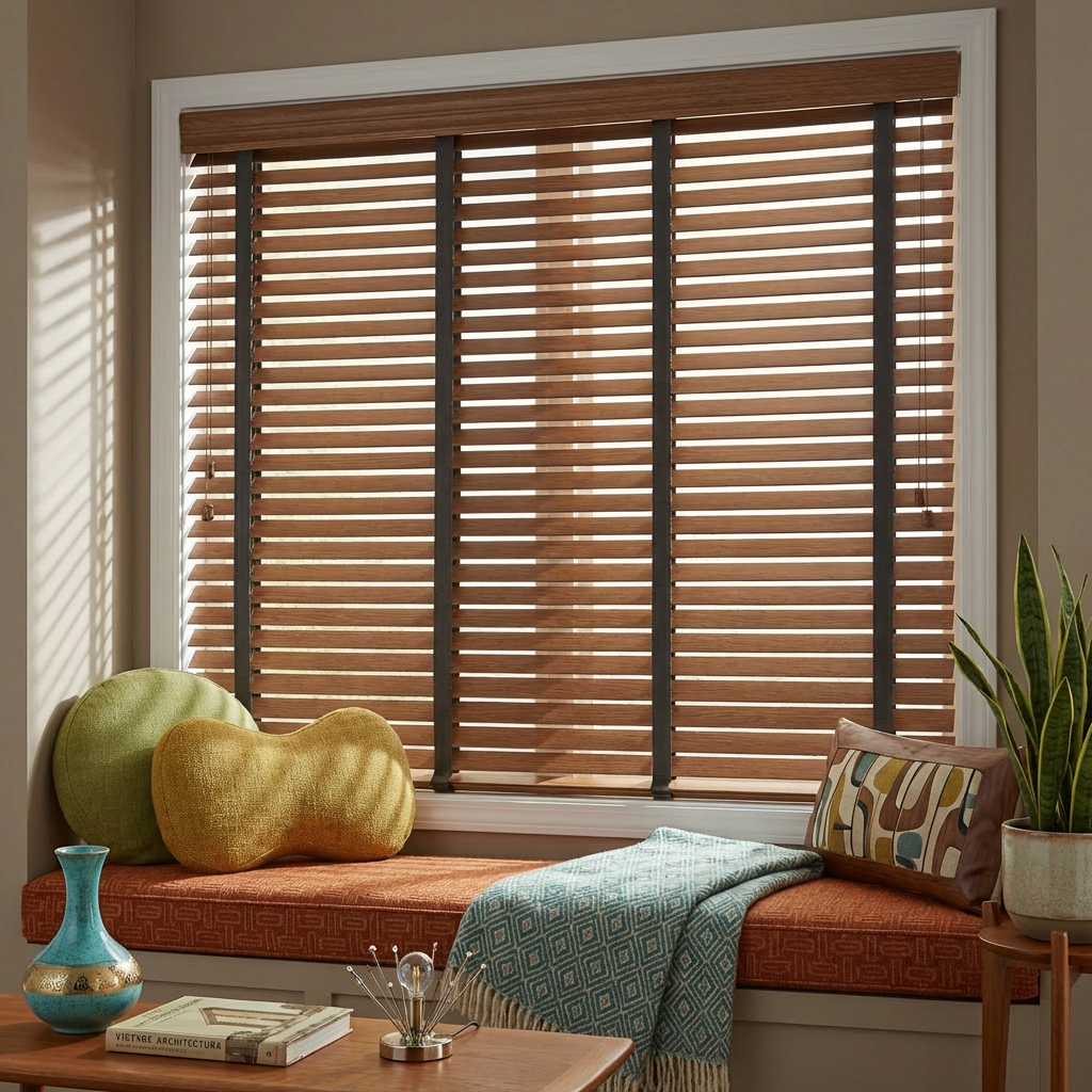 Living room window featuring wooden horizontal Venetian blinds with window seat