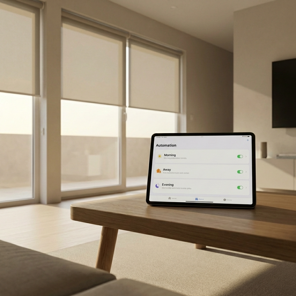 Smart home tablet controlling motorized blinds with scheduled automation settings in modern living room