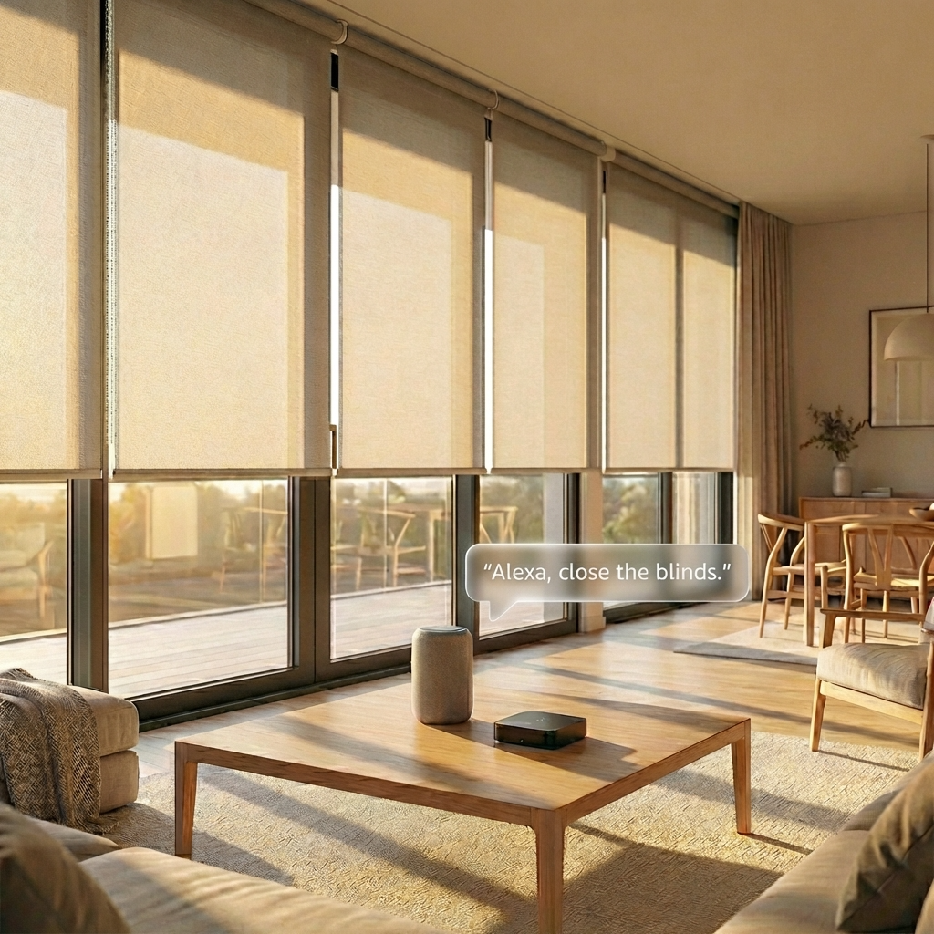 Living room with large windows featuring roller shades and smart home integration