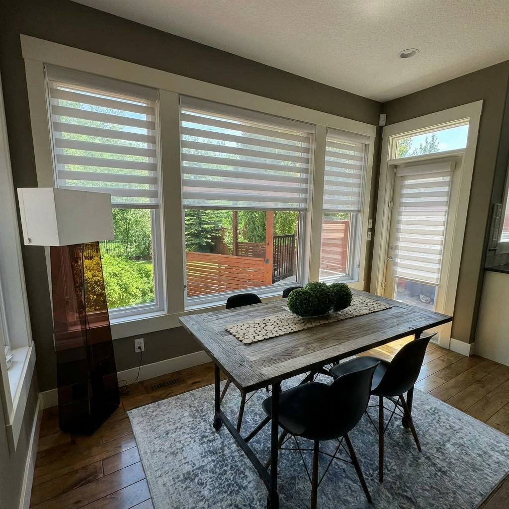 zebra shades installed in dining room