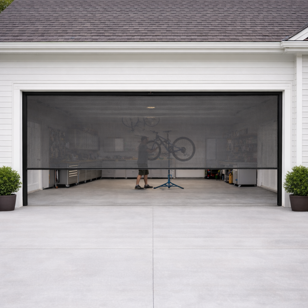 Garage with lowered retractable screen door