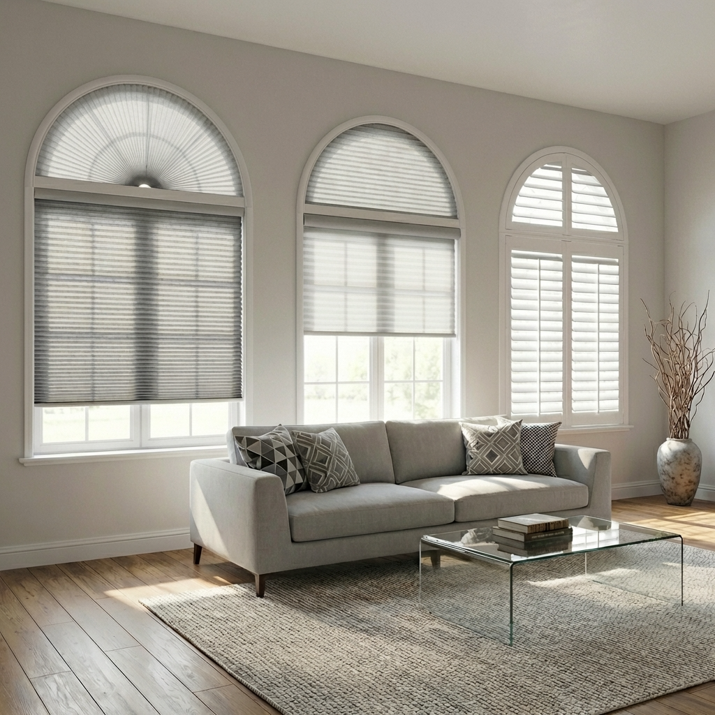 Bright living room with arched windows featuring blinds for non-standard shaped windows