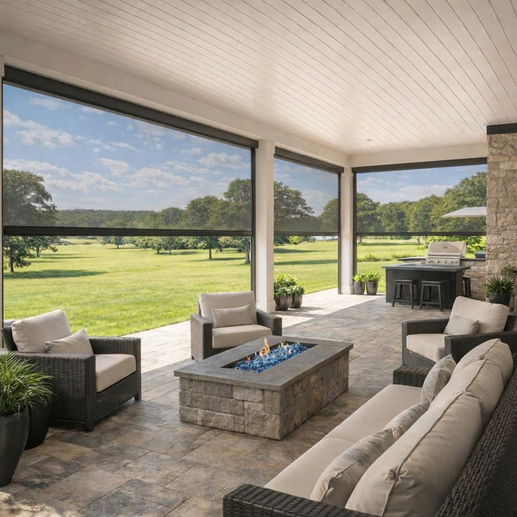 Covered outdoor patio with wicker chairs and a stone fire pit, overlooking a lush green field with trees in the distance.