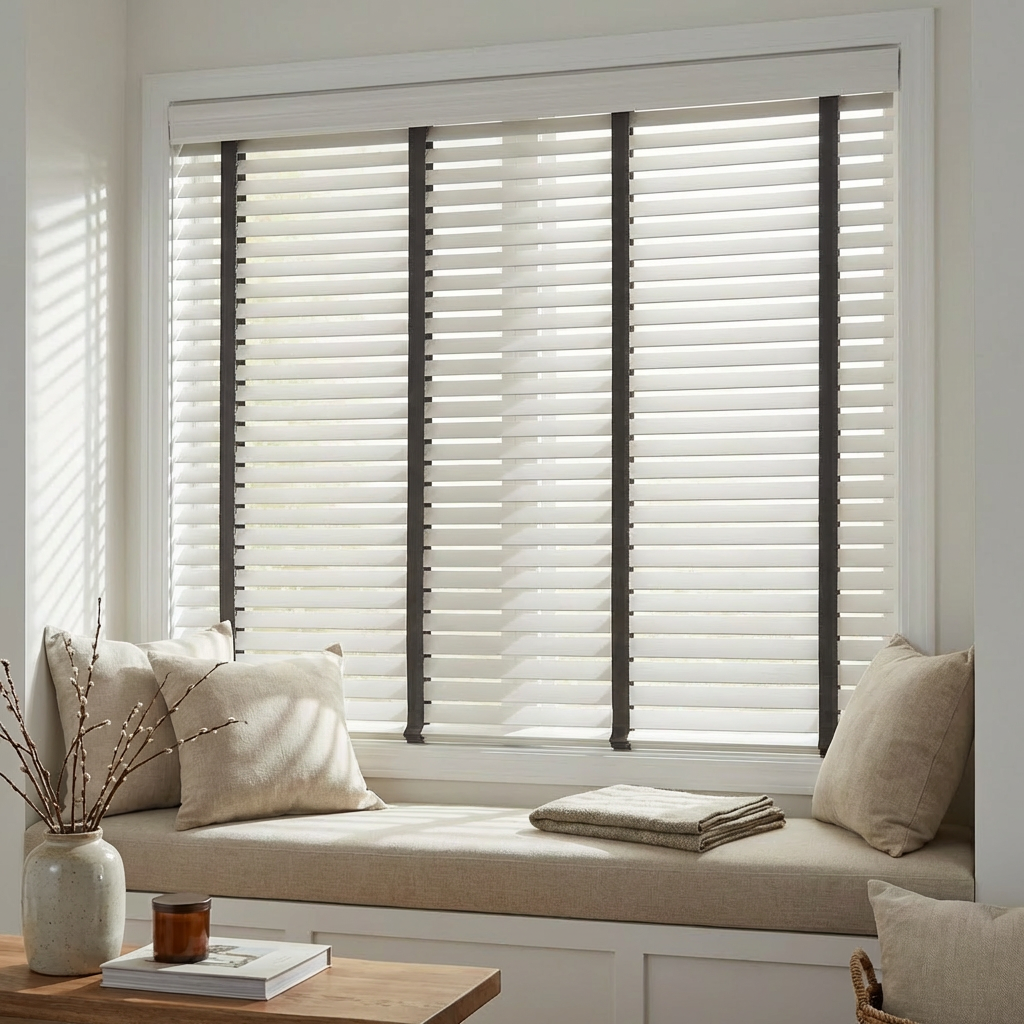 Window with white horizontal faux wood Venetian blinds with black accent fabric tapes