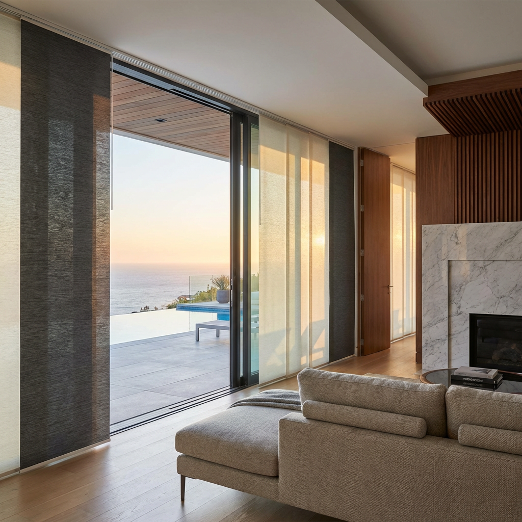 Living room with sliding glass doors featuring panel track shades.