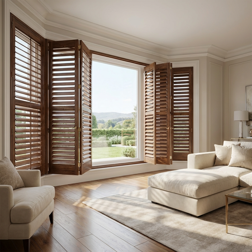 Living room with large window and wooden shutters, cream sofa, beige armchair, light-colored rug, and partial view of a side table with lamp.