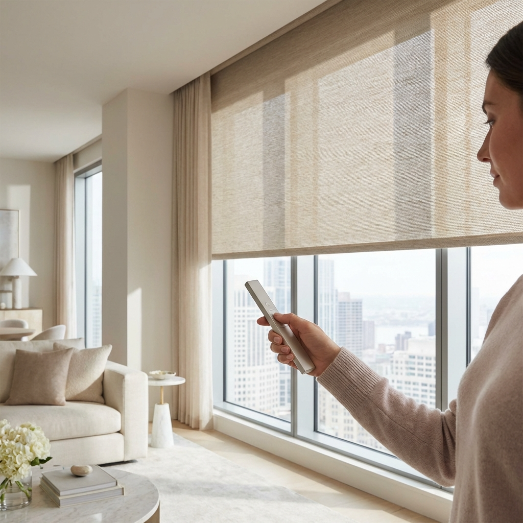 Woman using remote to control motorized blinds in modern living room