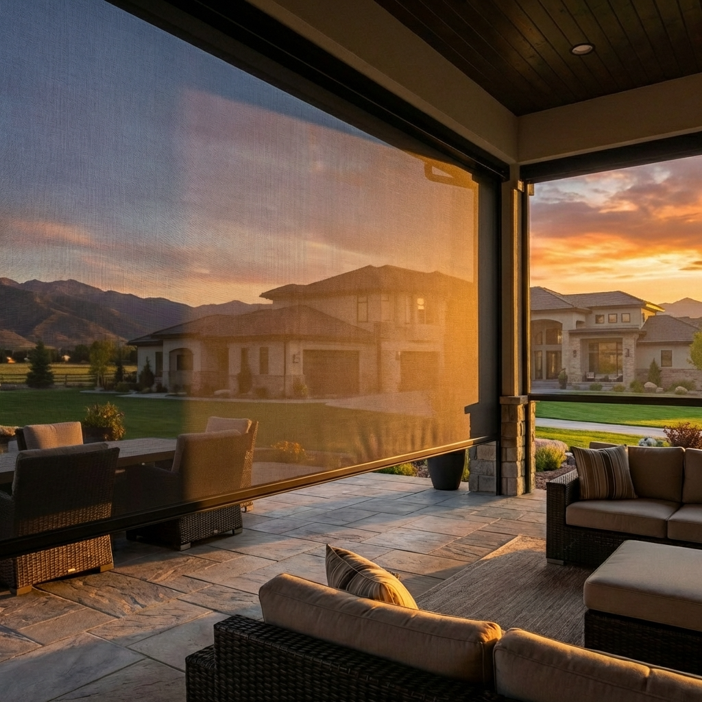 Motorized vertical screens installed on gazebo at sunset in luxury home