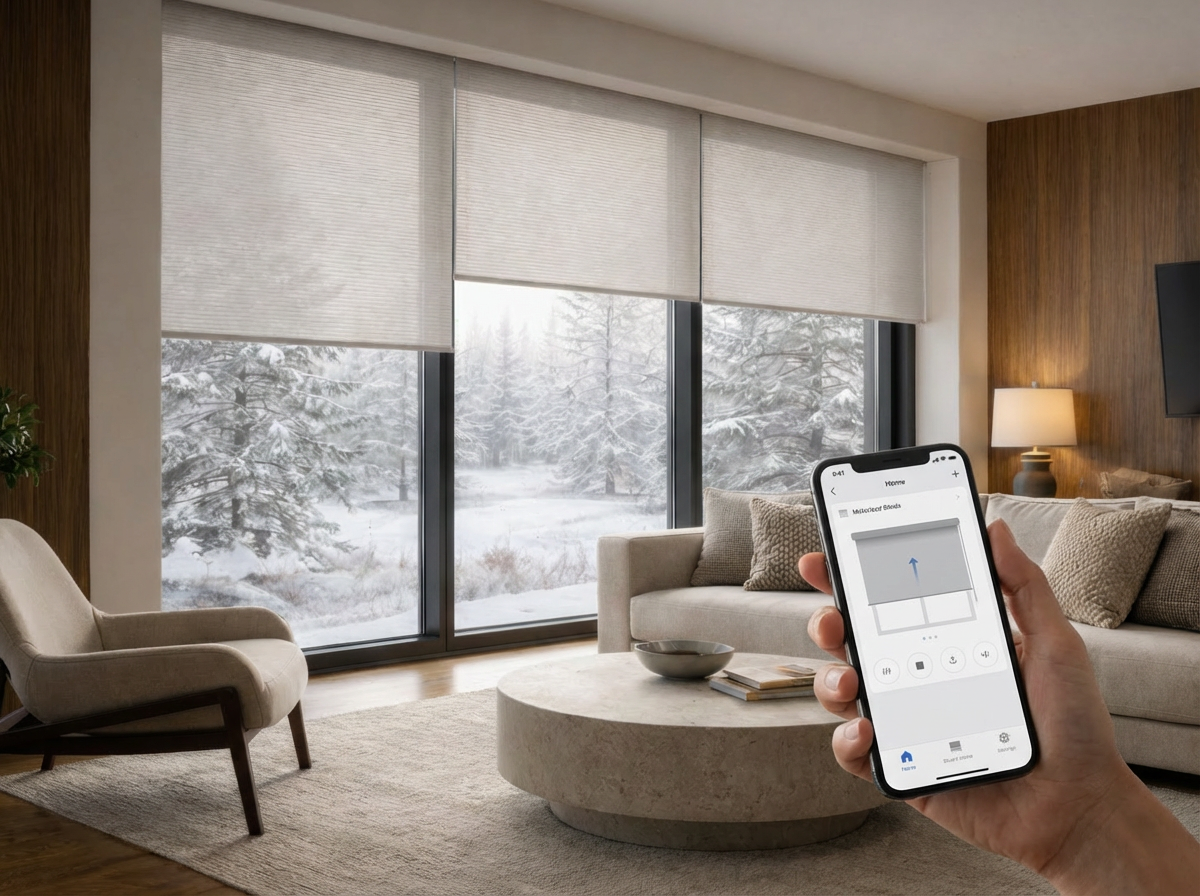 Motorized blinds controlled by smartphone in modern living space