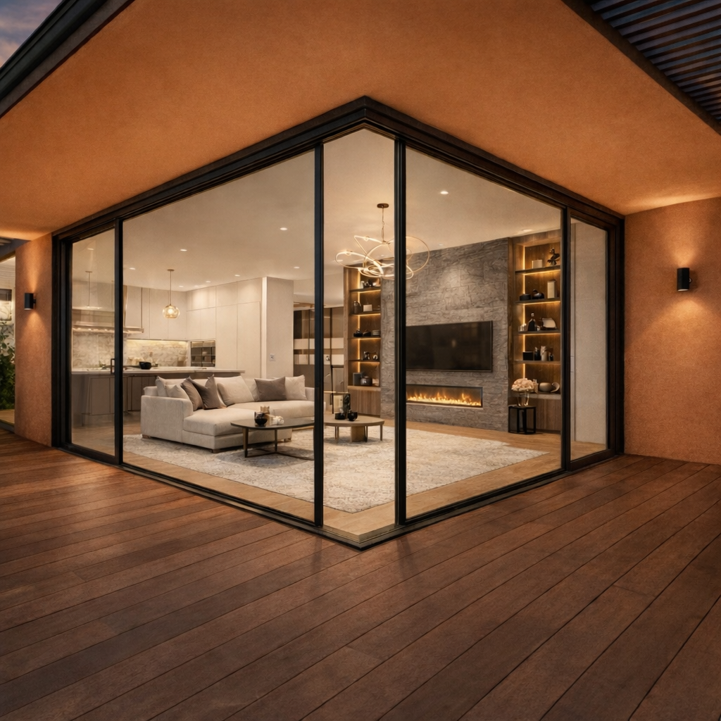 Modern living room connected to outdoor space with horizontal retractable screens meeting at postless corner