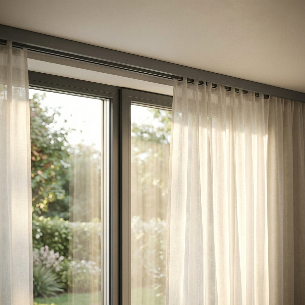 Sheer white curtains on sliding glass door featuring drapery track system and garden view