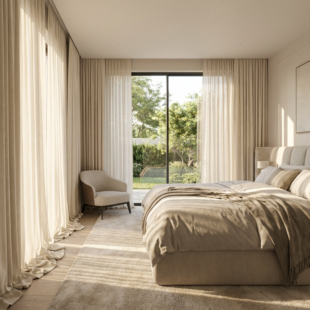 Bedroom with sliding glass door opening to garden and beige curtains